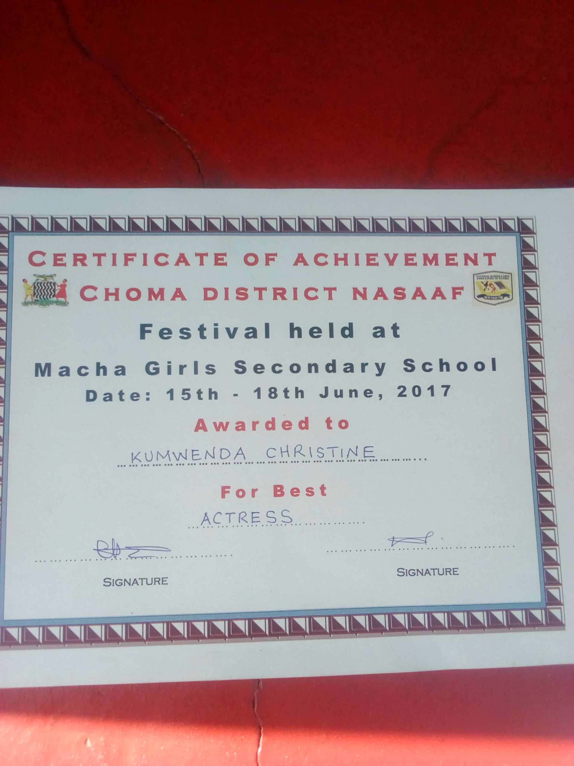 Certificates of best actress